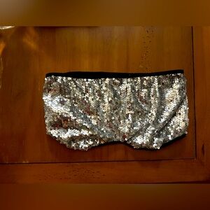 Silver Sequin Bandeau | Black & Shiny Silver Metallic Sequin Tube Top | Sz:XS